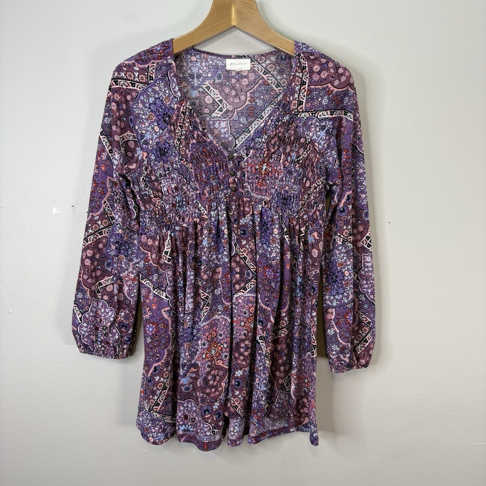 Melloday Women's Size M‎ Purple Paisley Smocked V-Neck Balloon Sleeve Mini Dress